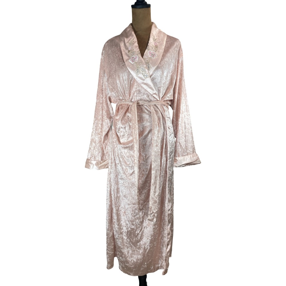 Vintage Audrey Lane Womens Pink Crushed Velvet Embroidered Long Wrap Robe Small